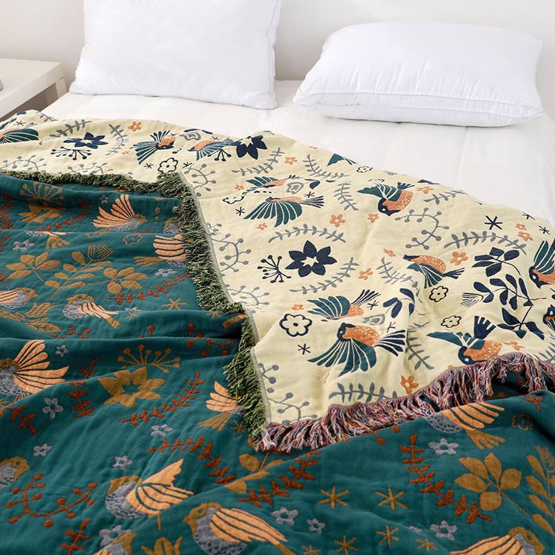 Boho Decke Mit Vogel- und Blumenmuster Wendbar Baumwolle