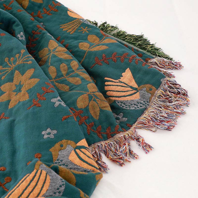 Boho Decke Mit Vogel- und Blumenmuster Wendbar Baumwolle