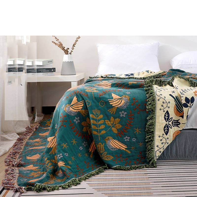 Boho Decke Mit Vogel- und Blumenmuster Wendbar Baumwolle