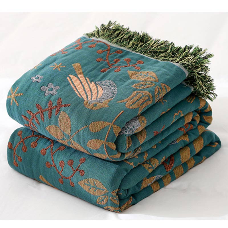 Boho Decke Mit Vogel- und Blumenmuster Wendbar Baumwolle