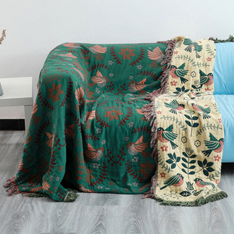 Boho Decke Mit Vogel- und Blumenmuster Wendbar Baumwolle