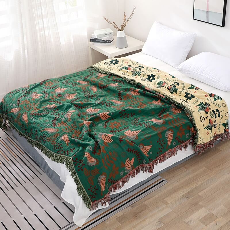 Boho Decke Mit Vogel- und Blumenmuster Wendbar Baumwolle