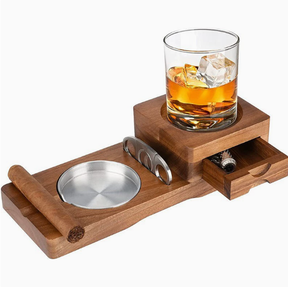 CigarOak Aschenbecher mit Whiskeyhalter – Luxuriöse Holzschale für Zigarrenliebhaber