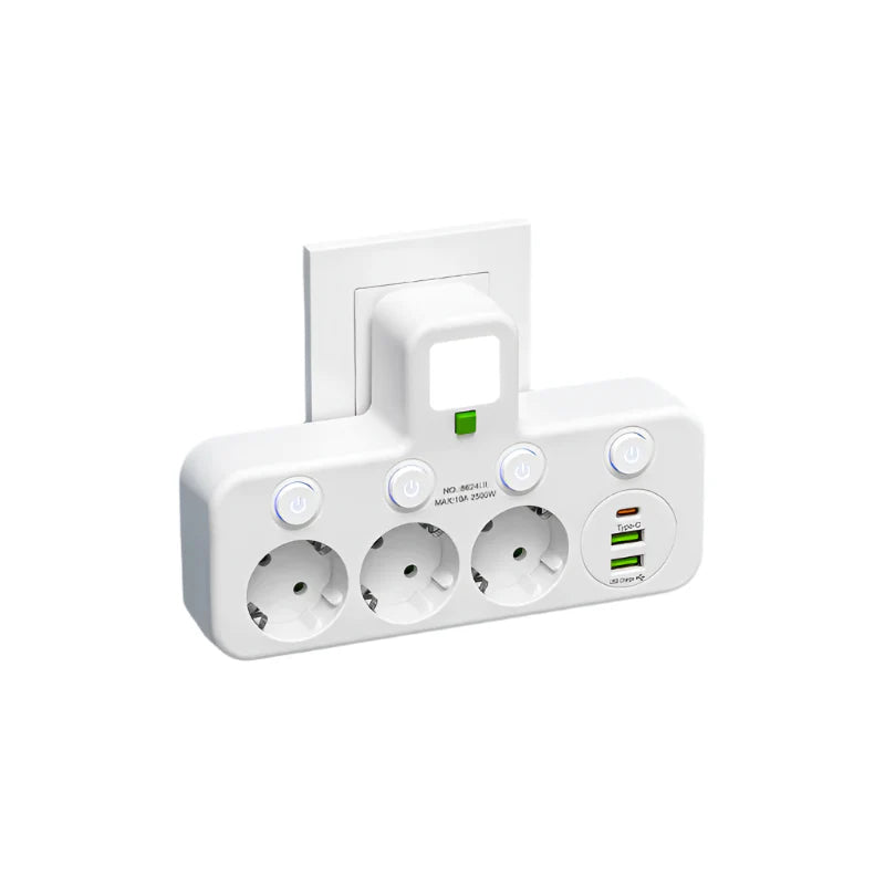 Mehrfachsteckdose VOLTRIQ ProLine | 3–4 Steckplätze + 2× USB & 1× Typ-C | 2500 W | Überspannungsschutz & Kontrollschalter