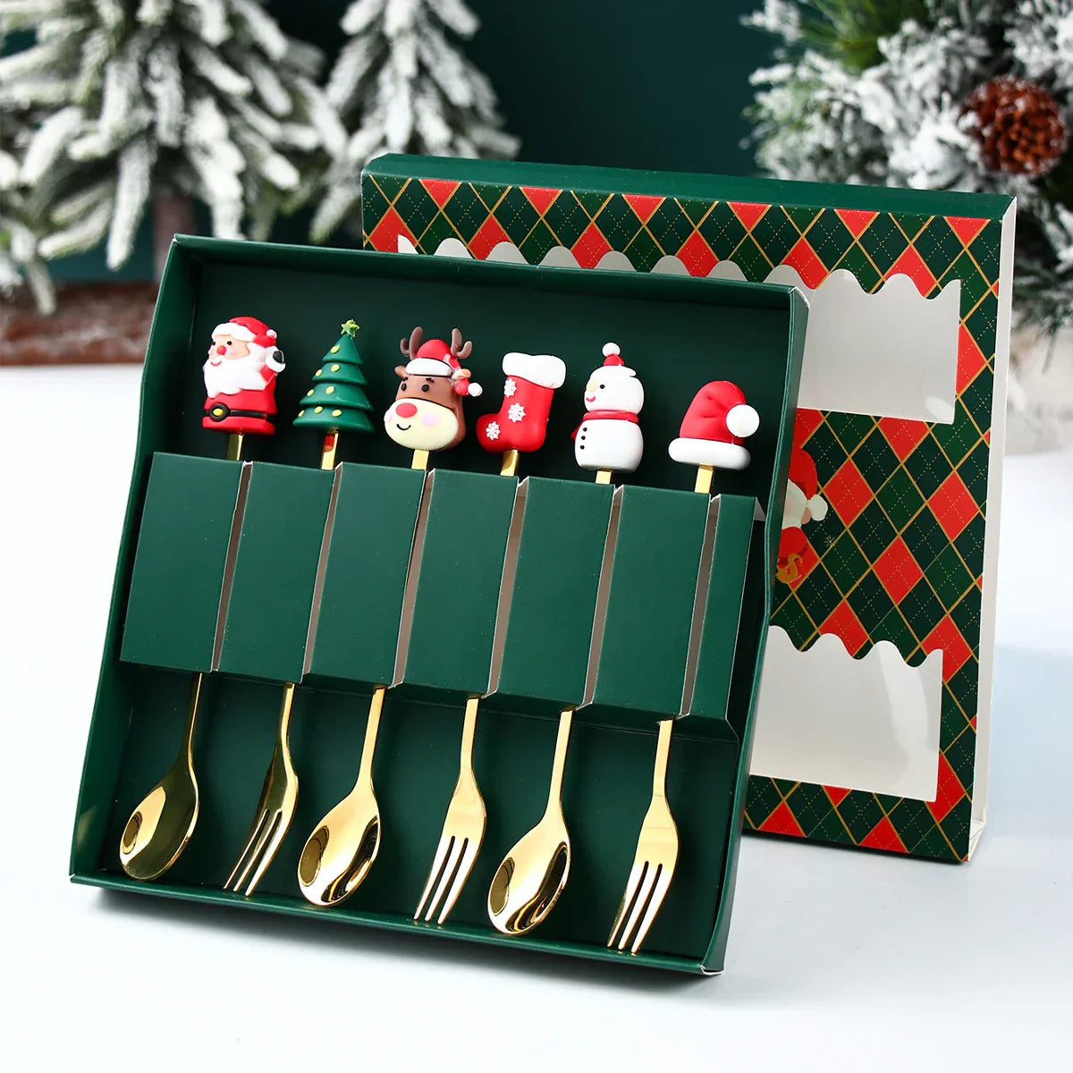 GoudFeest Weihnachtsbesteckset – Luxuriöser Goldlöffel und -gabel mit Weihnachtsmann-Design
