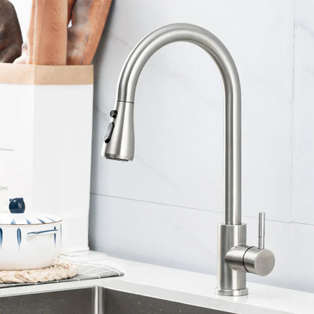 Ausziehbarer Wasserhahn mit einfachem Hebelmischer – Flexibler Wasserhahn mit Duschfunktion, Hochwertiger Edelstahl, Ideal für moderne Küchen, Einfache Installation