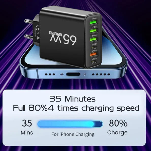 PowerMax 65W 6-in-1 Schnellladegerät – Lade Bis Zu 6 Geräte Gleichzeitig – Ideal Für Zuhause, Büro und Reisen