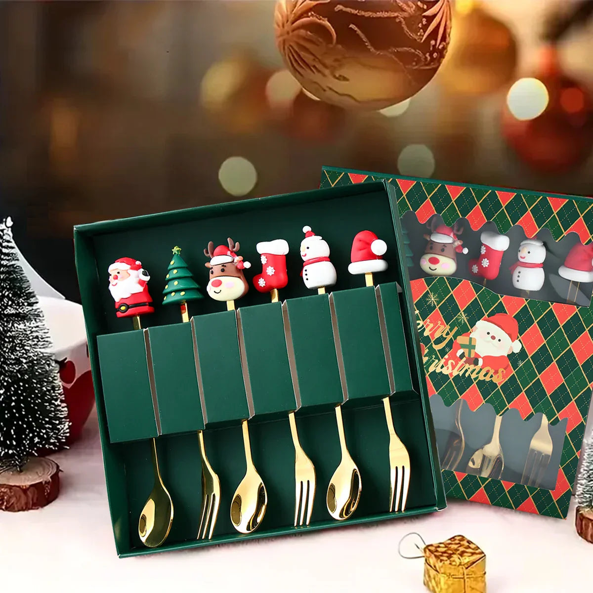 GoudFeest Weihnachtsbesteckset – Luxuriöser Goldlöffel und -gabel mit Weihnachtsmann-Design