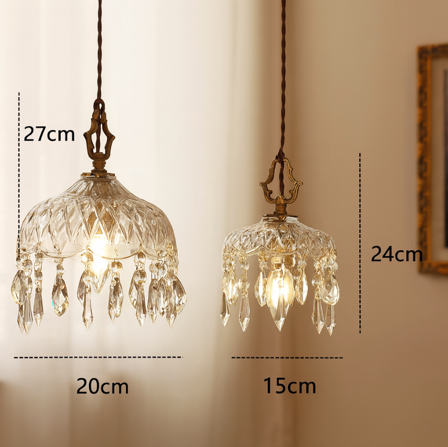 Vintage Kupfer Kristall Blumen Pendelleuchte | 1-Licht
