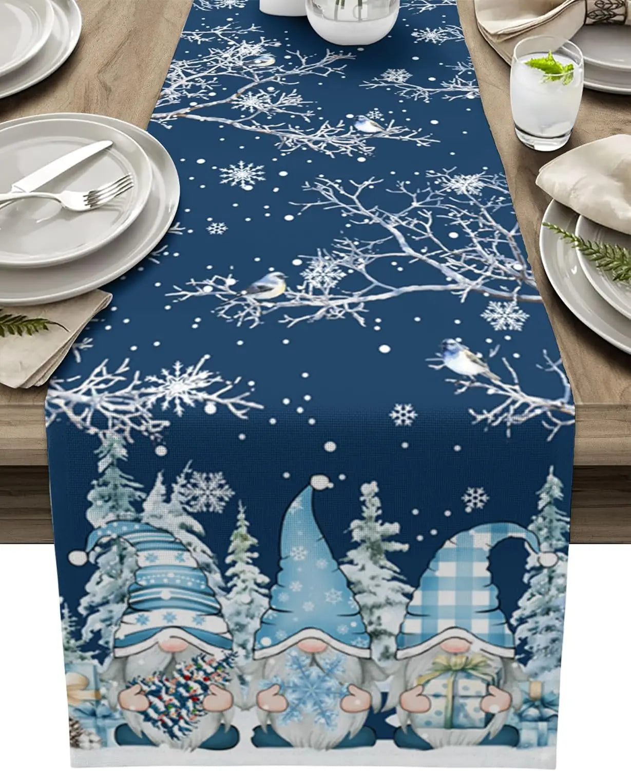 SchneeZwerg Weihnachts Tischläufer – Luxuriöser Leinen Tischläufer mit Schneeflocken- und Zwergendesign