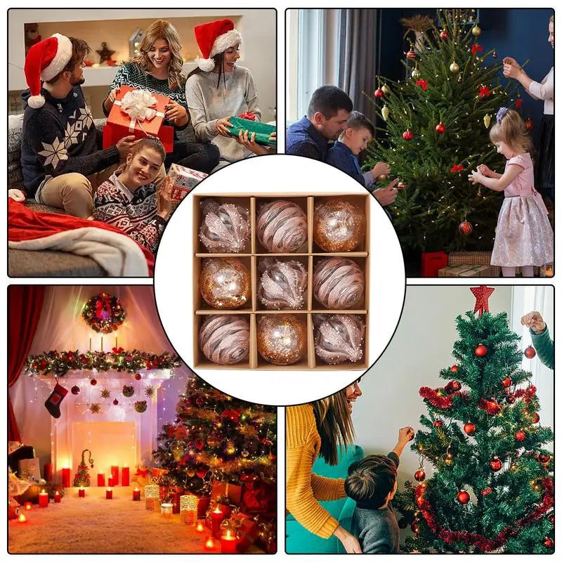 GlansFeest Weihnachts-Hängedekorationen – Set aus 9 Kunststoff-Ornamenten mit Schneeflocken- und Ball-Design