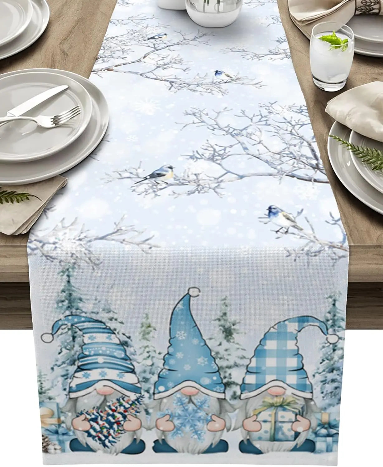 SchneeZwerg Weihnachts Tischläufer – Luxuriöser Leinen Tischläufer mit Schneeflocken- und Zwergendesign