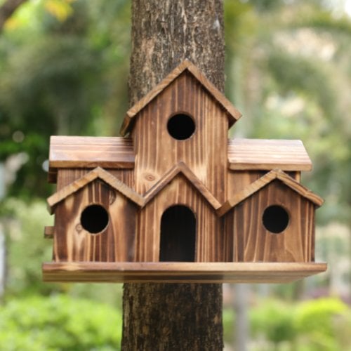 SongbirdHaven Handgemachtes Holz-Vogelhaus mit 6 Eingängen für Ihren Garten