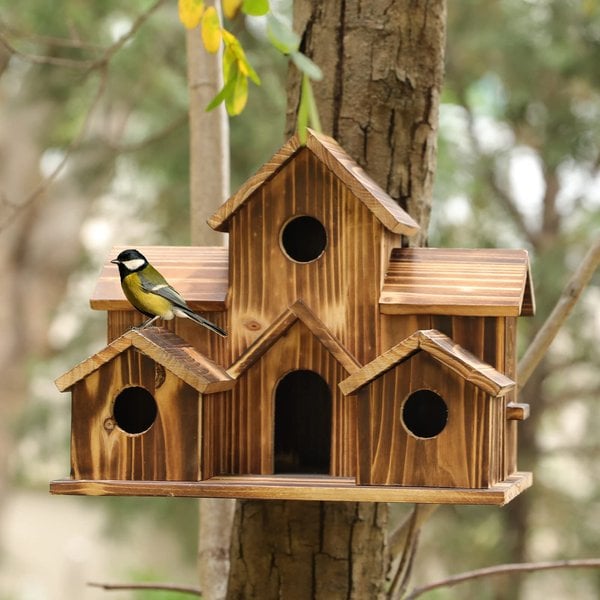 SongbirdHaven Handgemachtes Holz-Vogelhaus mit 6 Eingängen für Ihren Garten
