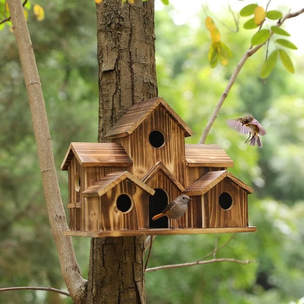 SongbirdHaven – Handgefertigtes Vogelhaus aus Holz mit 6 Eingängen für den Garten