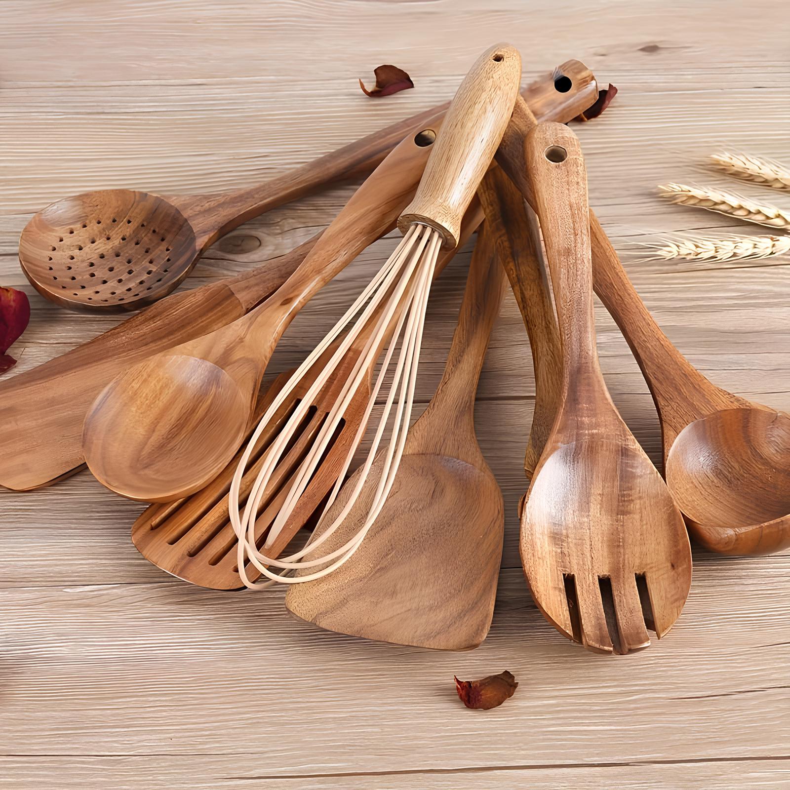 11-teiliges Teak Küchenwerkzeugset | Mit Halter | Naturholz