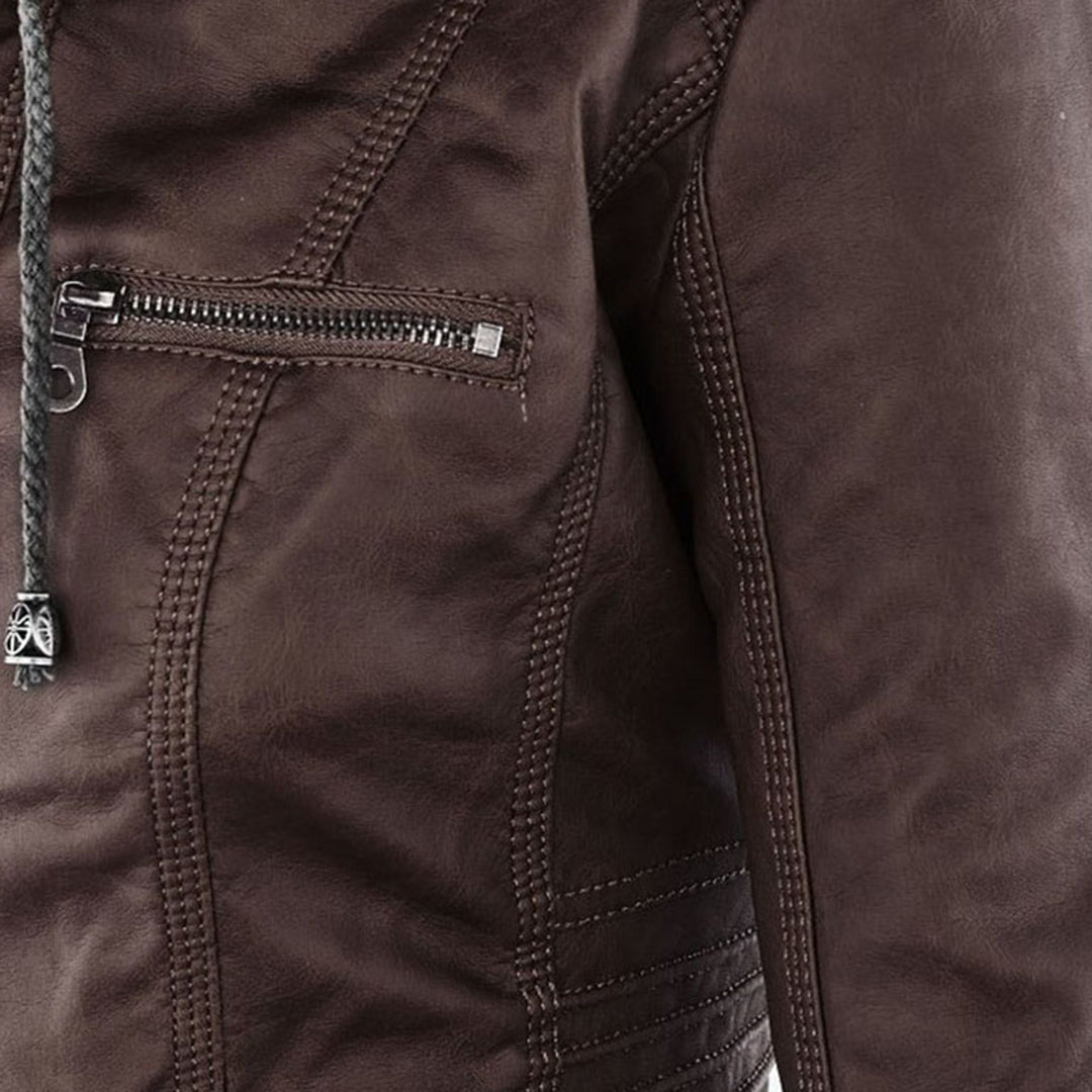 Trendy Damen Lederjacke Alesund – Schwarze PU-Jacke mit Kapuze und Reißverschluss