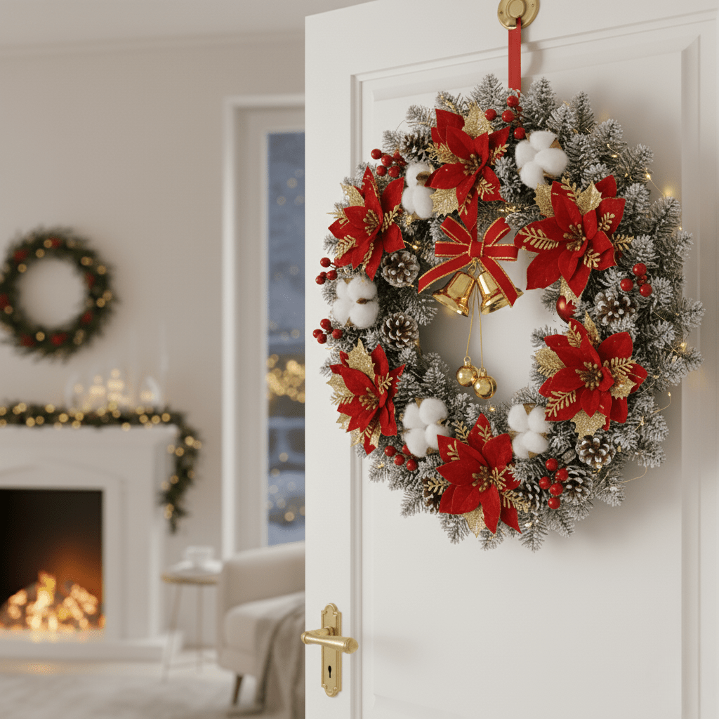 LED Weihnachtskranz mit Goldenen Glocken – Warmweißes Licht für die Tür