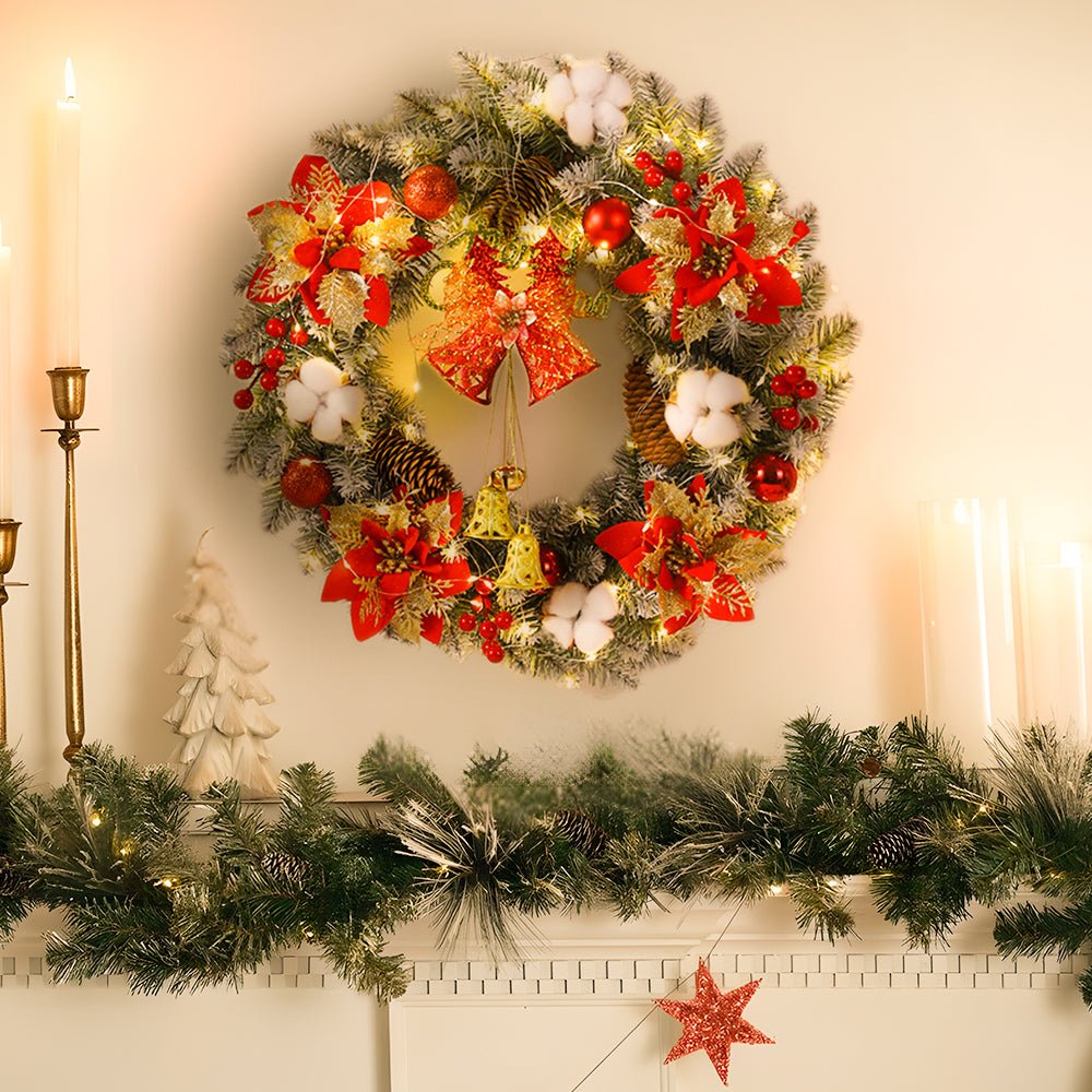 LED Weihnachtskranz mit Goldenen Glocken – Warmweißes Licht für die Tür