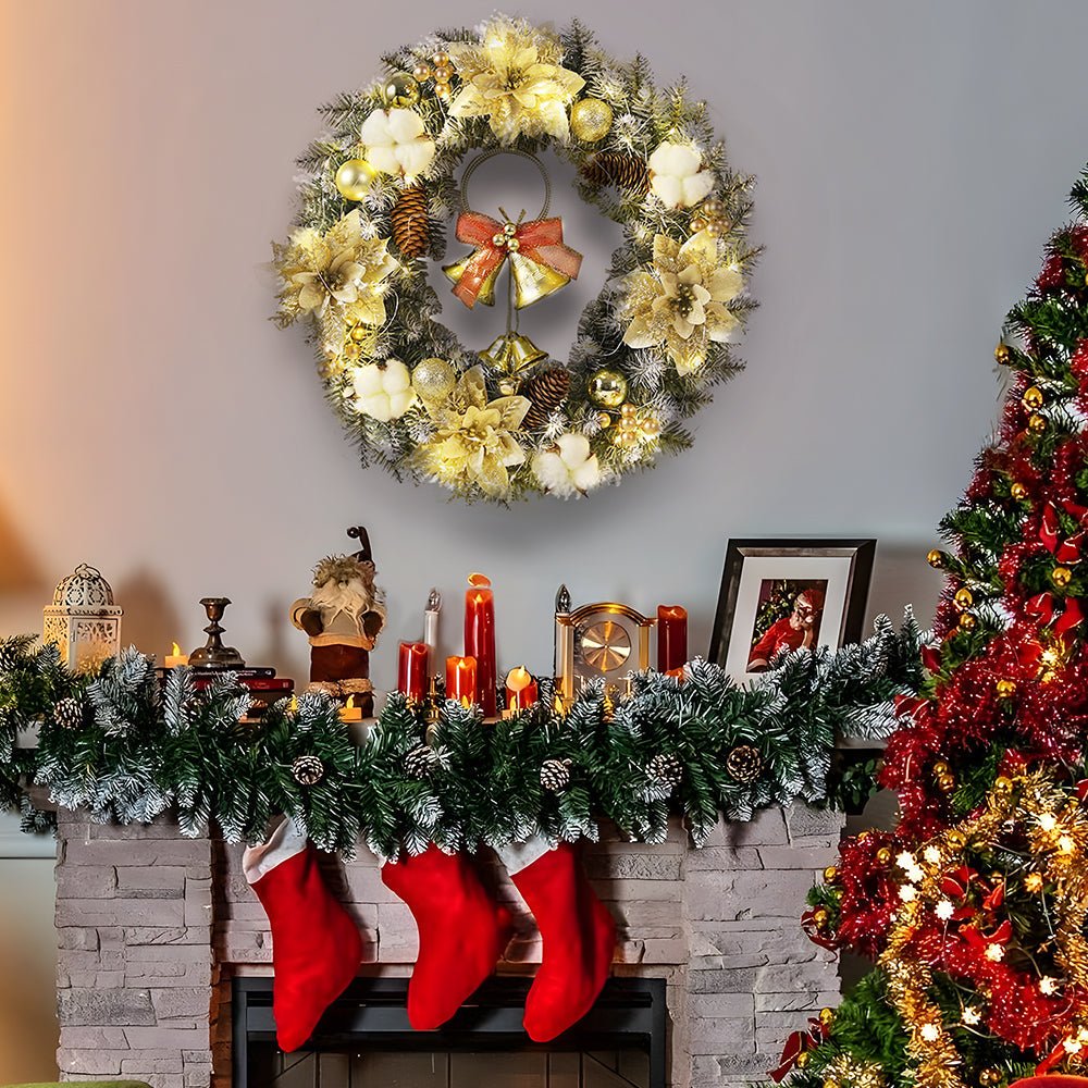 LED Weihnachtskranz mit Goldenen Glocken – Warmweißes Licht für die Tür