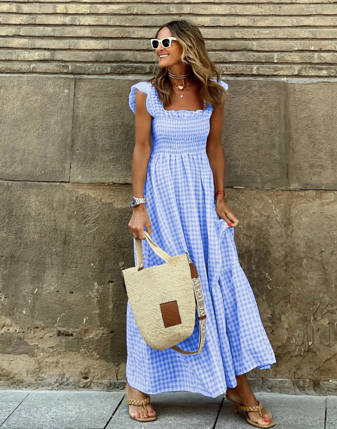 SunnyStyle Gingham-Maxikleid | Lässige Sommereleganz mit Rüschen am Saum