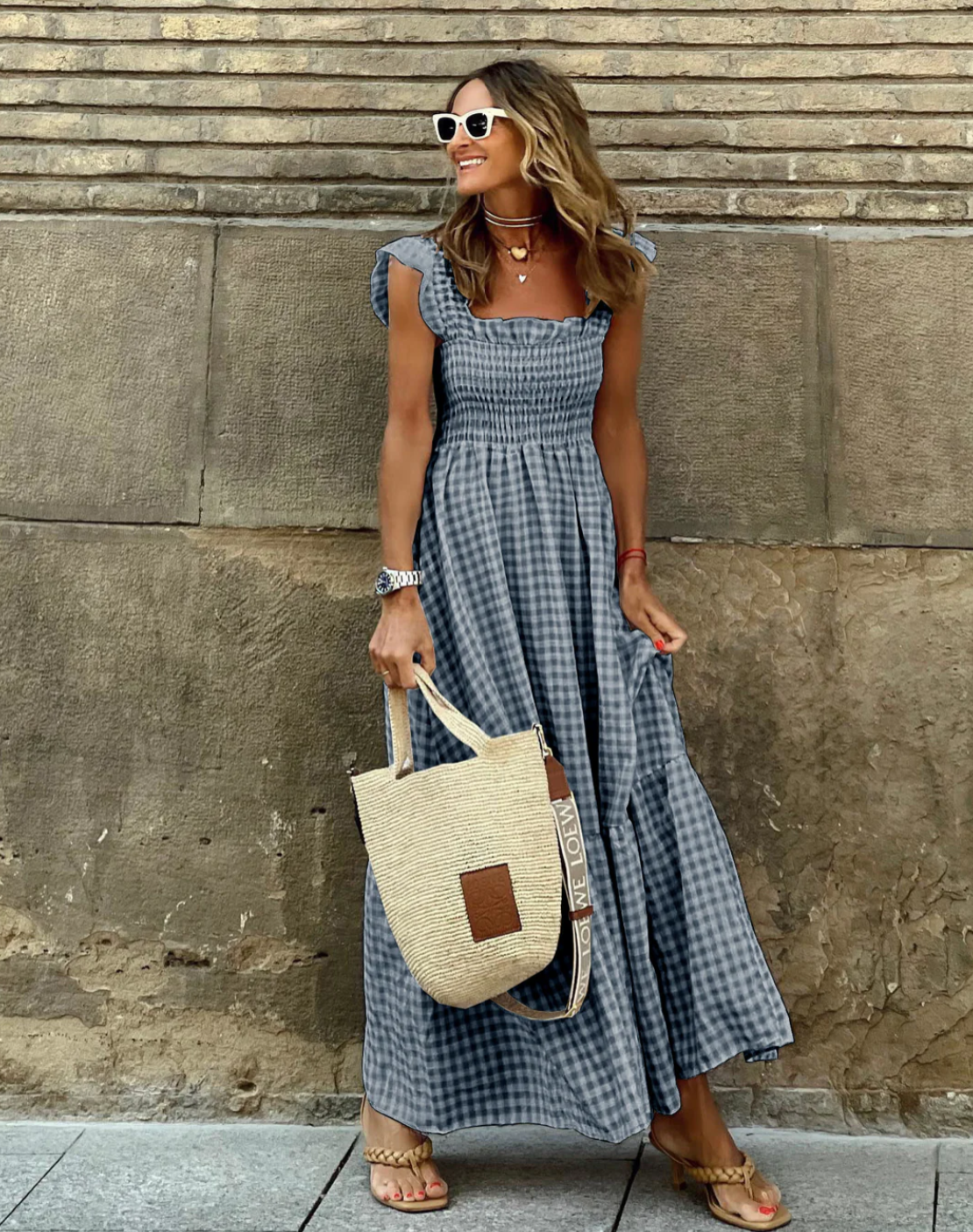 SunnyStyle Gingham-Maxikleid | Lässige Sommereleganz mit Rüschen am Saum