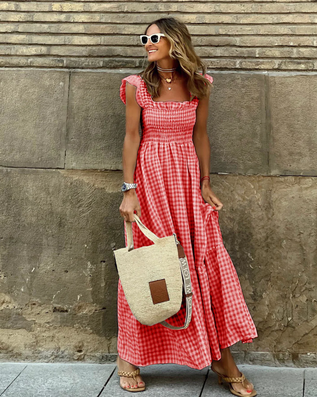 SunnyStyle Gingham-Maxikleid | Lässige Sommereleganz mit Rüschen am Saum