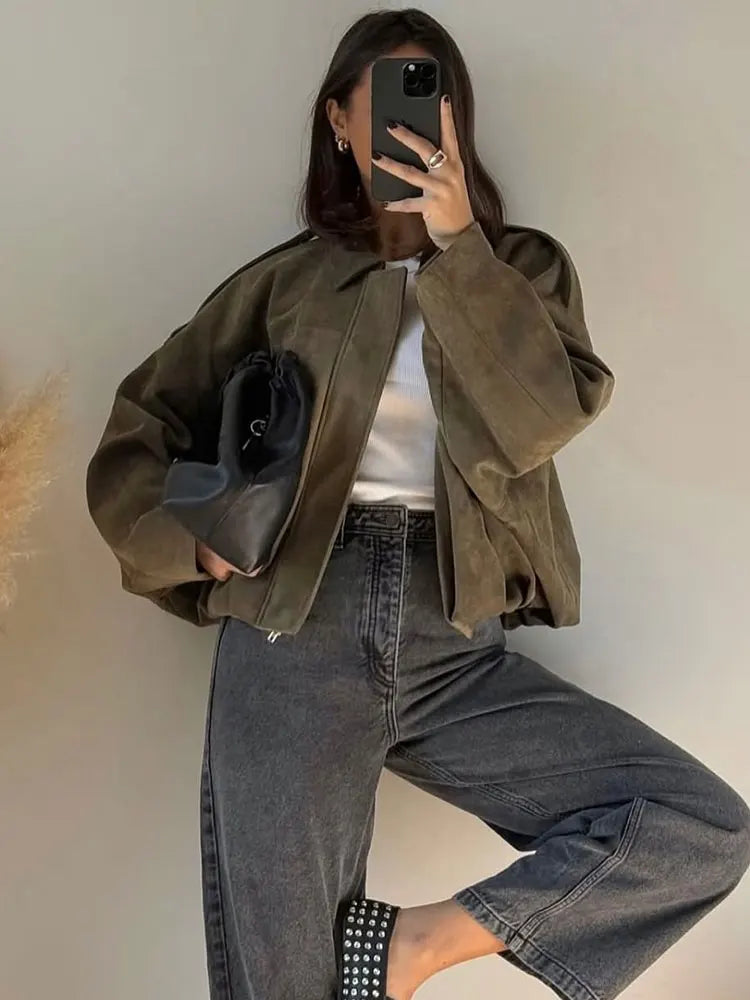 Schicke Damen Suede Bomberjacke – Braun Grün Vintage Look