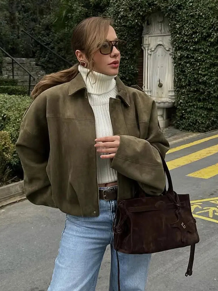 Schicke Damen Suede Bomberjacke – Braun Grün Vintage Look