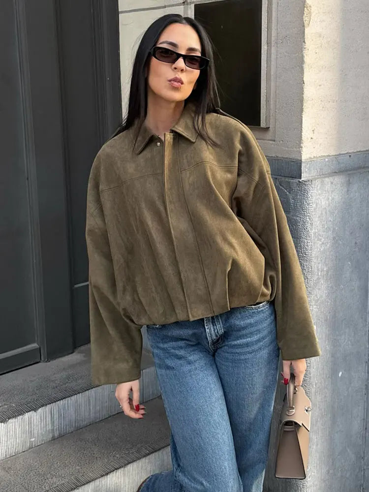Schicke Damen Suede Bomberjacke – Braun Grün Vintage Look