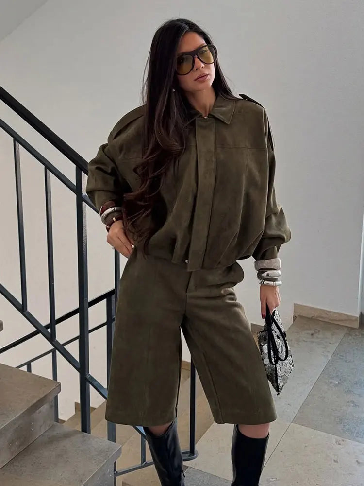 Schicke Damen Suede Bomberjacke – Braun Grün Vintage Look