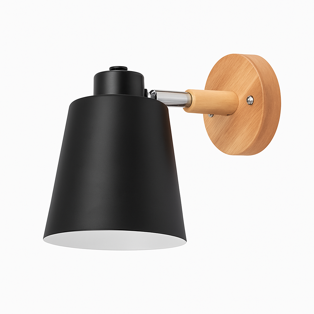 Wandlampe LED mit schwenkbarem Schirm aus Metall und Holzhalterung