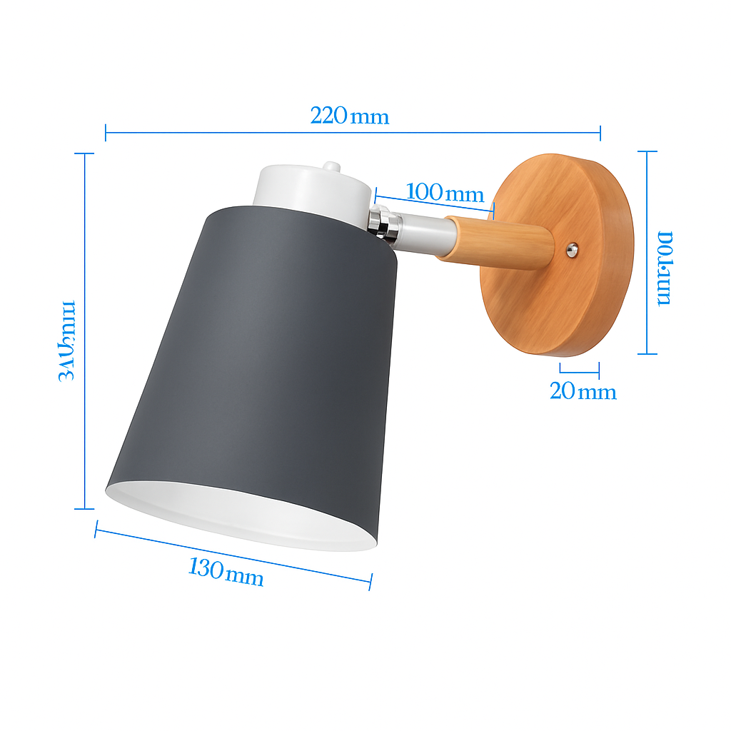 Wandlampe LED mit schwenkbarem Schirm aus Metall und Holzhalterung