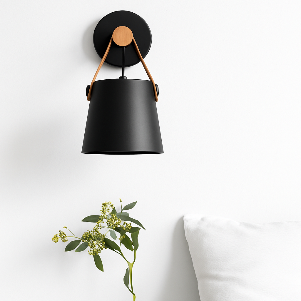 Wandlampe aus Holz mit hängendem Schirm