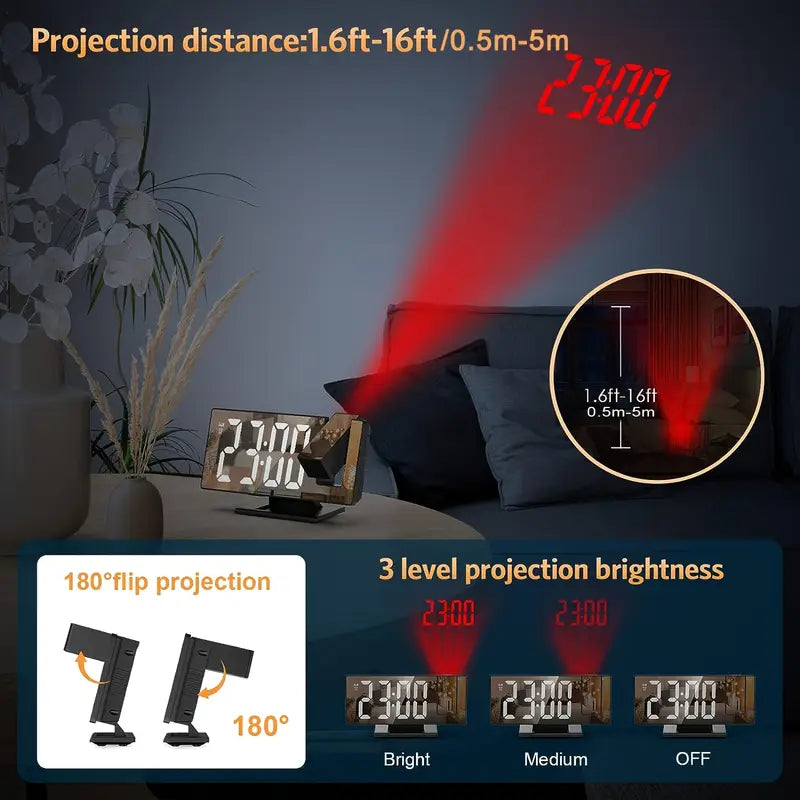 180° Verstellbare LED Projektionswecker – Schlummerfunktion, 12/24H Zeit- & Temperaturanzeige, Spiegel-Design – USB betrieben, Nachtmodus & Speicherfunktion