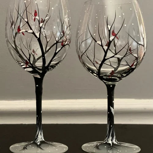 Weingläser Baum der vier Jahreszeiten - Handbemalte Kunst