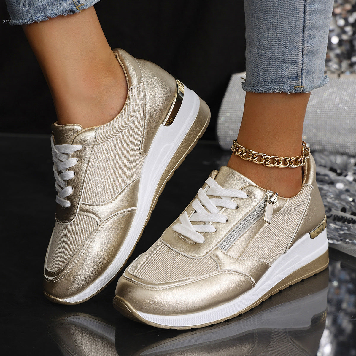 Metallische Sneakers mit Erhöhter Sohle - Silber, Gold - Komfort & Stil