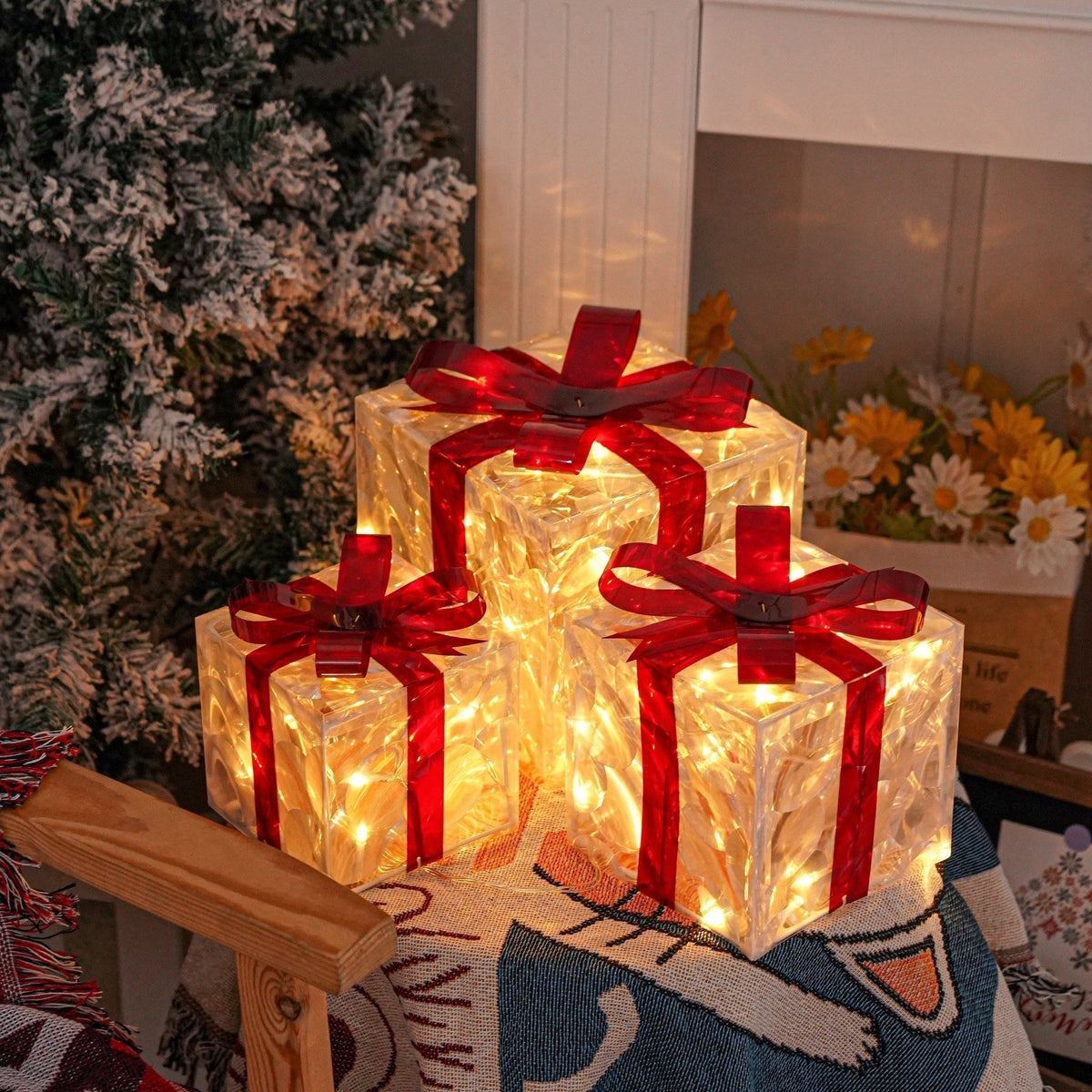 LED Weihnachtsgeschenkbeleuchtung – Set aus 3 beleuchteten Geschenkboxen für Innen & Außen
