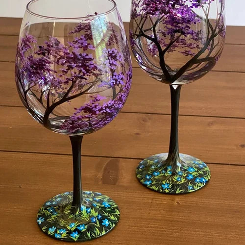 Weingläser Baum der vier Jahreszeiten - Handbemalte Kunst