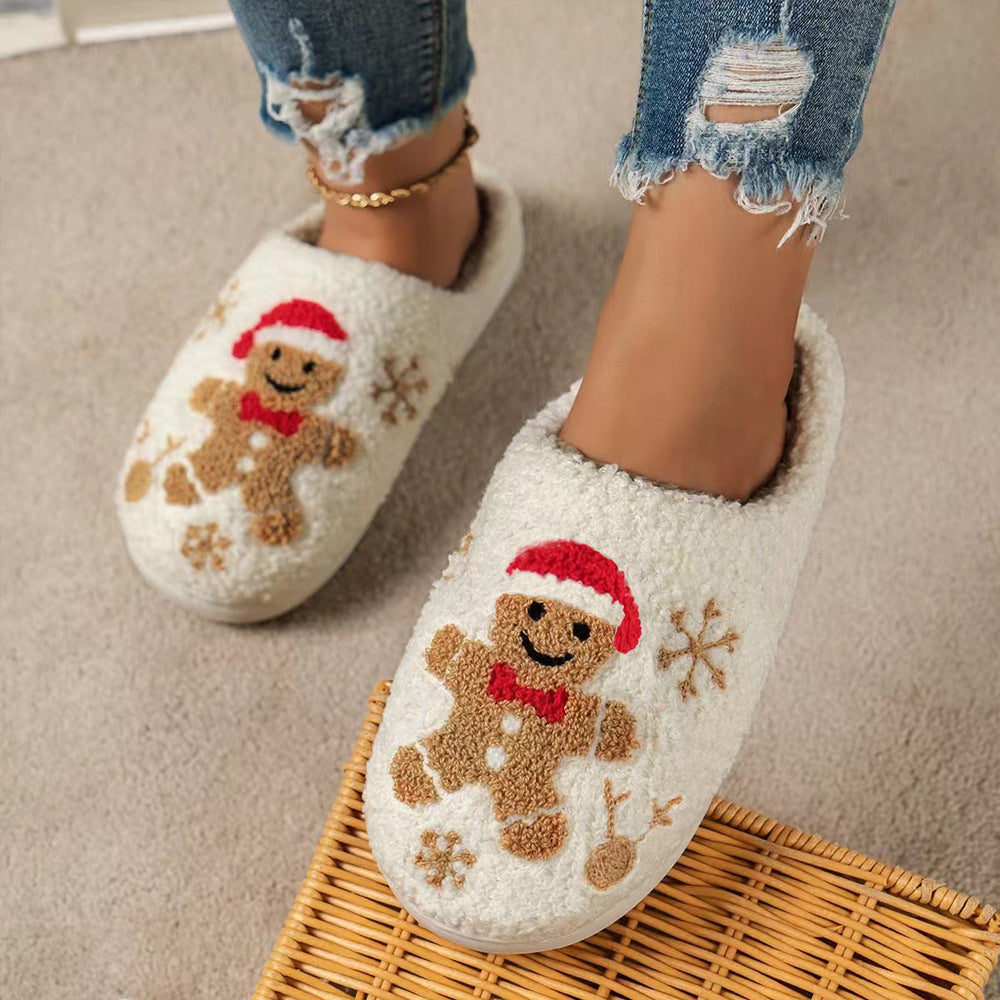 Warme Weihnachts Hausschuhe mit Schneeflocken- und Lebkuchen-Design