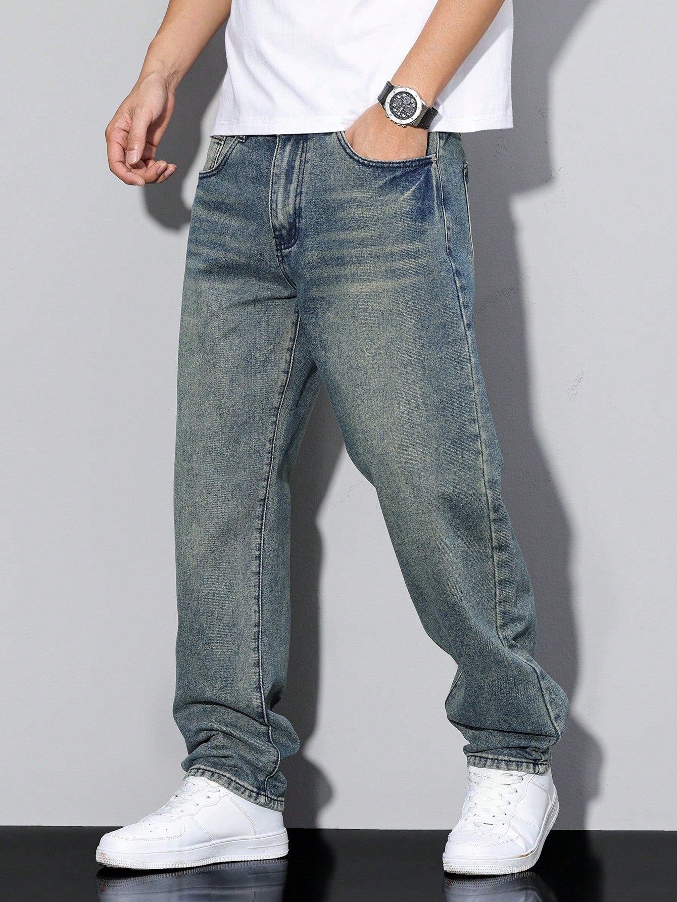 Jeans Einfarbig Casual Herren Lockere Passform Komfort