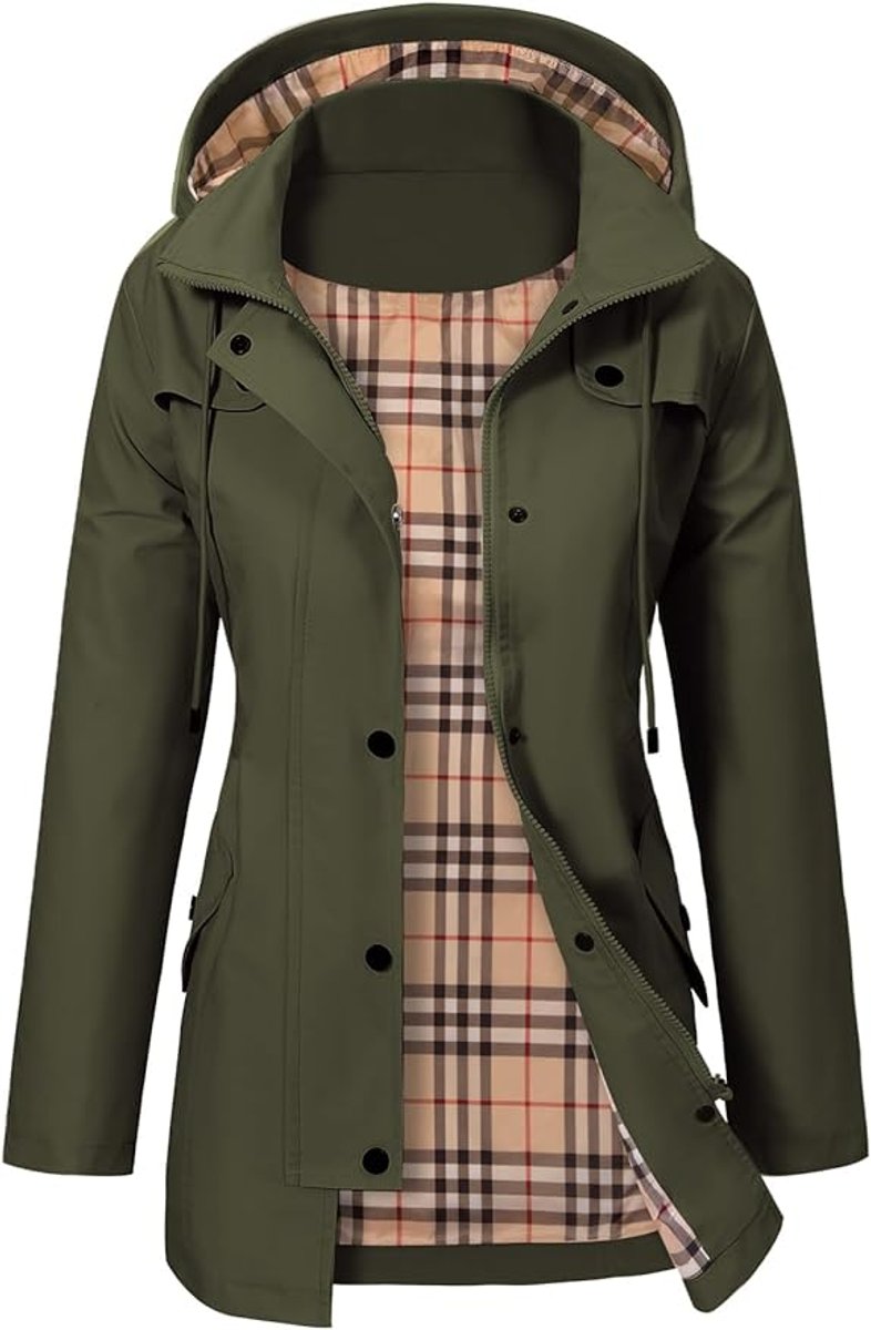 Damen Regenjacke mit Kapuze – Wasserdicht mit Karofleece-Futter