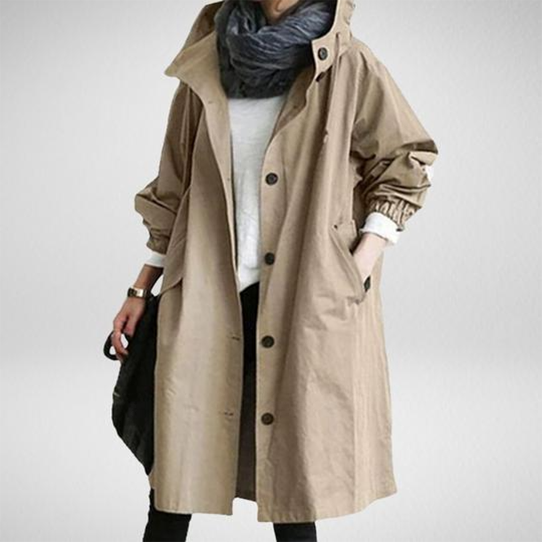 Lange Damenregenjacke Elise – Trendy Herbstjacke mit Kapuze