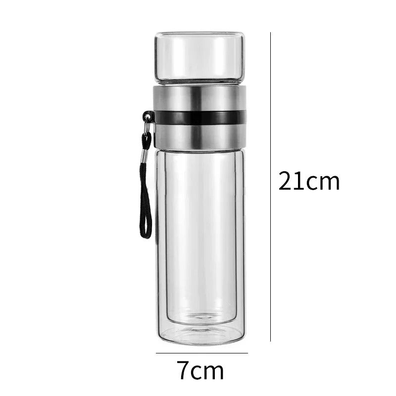 WoodGlass Thermo – Durchsichtige Tragbare Warmhaltflasche mit Teefilter für Gesunde Getränke Unterwegs