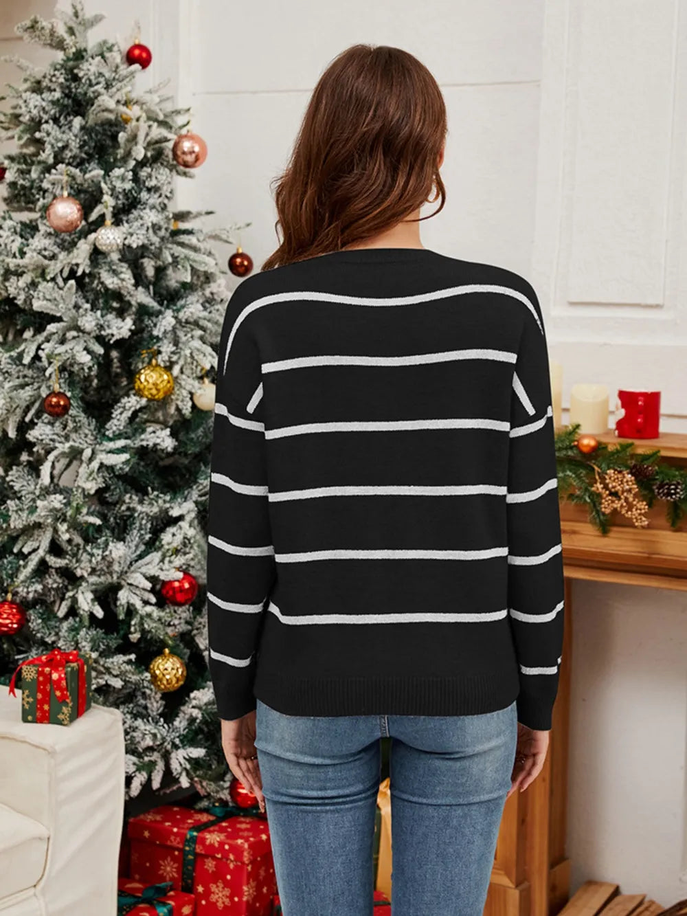 Pailletten-Weihnachts-Pullover mit gestreiftem Santa – Grün, Rot & Schwarz