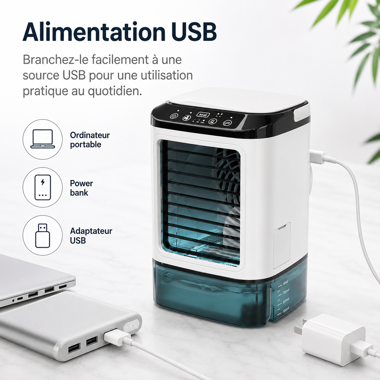 Tragbare Mini-Klimaanlage Wassergekühlt – USB-betrieben mit großem Reservoir