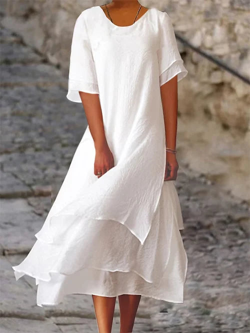 Doppellagiges Baumwoll-Leinen-Kleid für Frauen | Midi