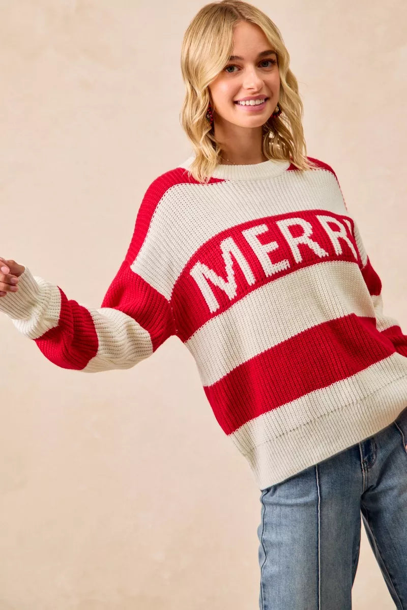 Rot- und Cremegestreifter „Merry“ Strick-Weihnachtspullover