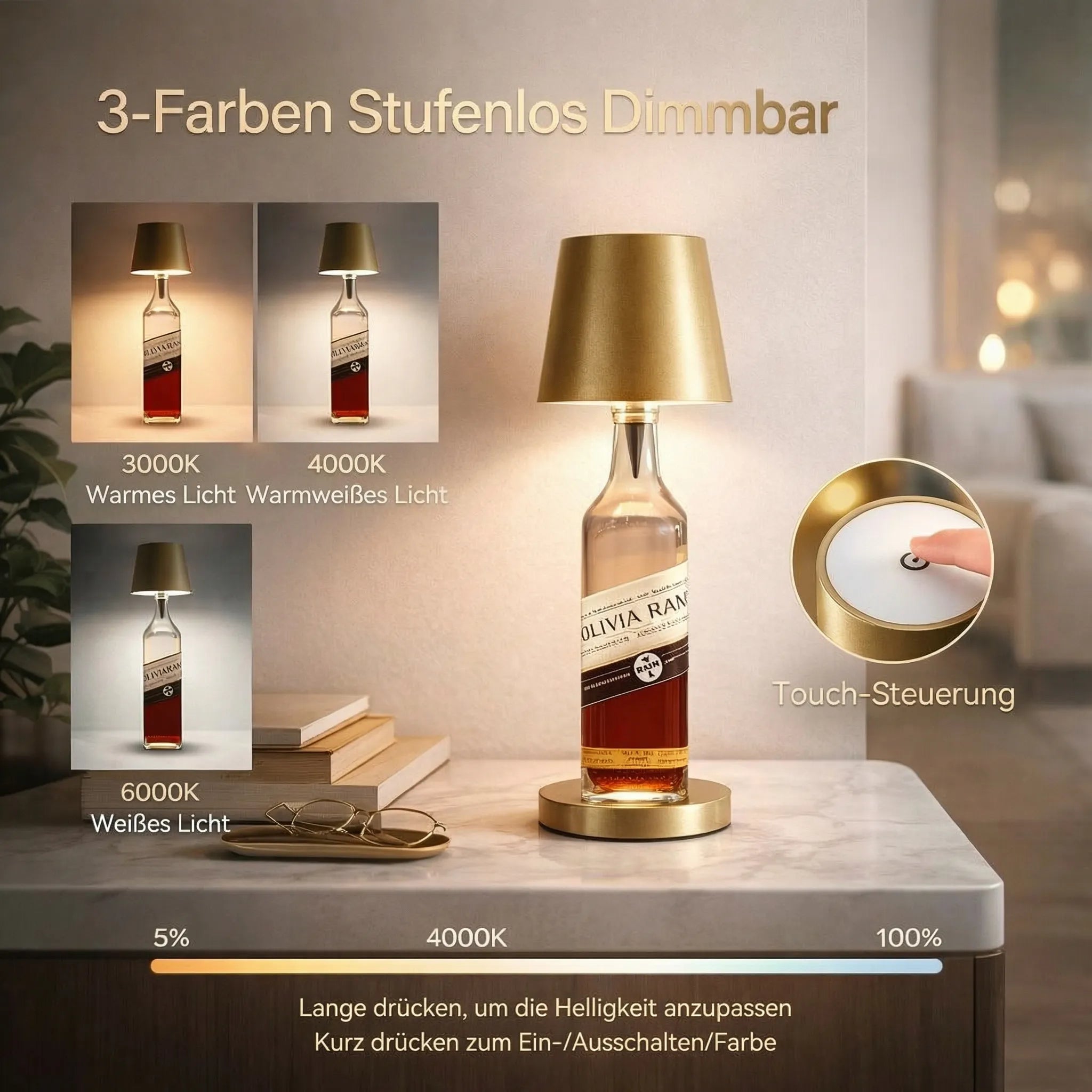 Flaschenlicht | Flasche als Tischlampe | Akku Tischlampe | Flaschenaufsatz | LumiFlasche