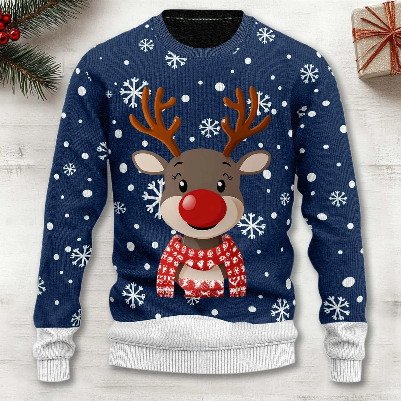 Herren Weihnachts Rentierpullover – Warmer Strickpullover mit Schneeflockenmuster